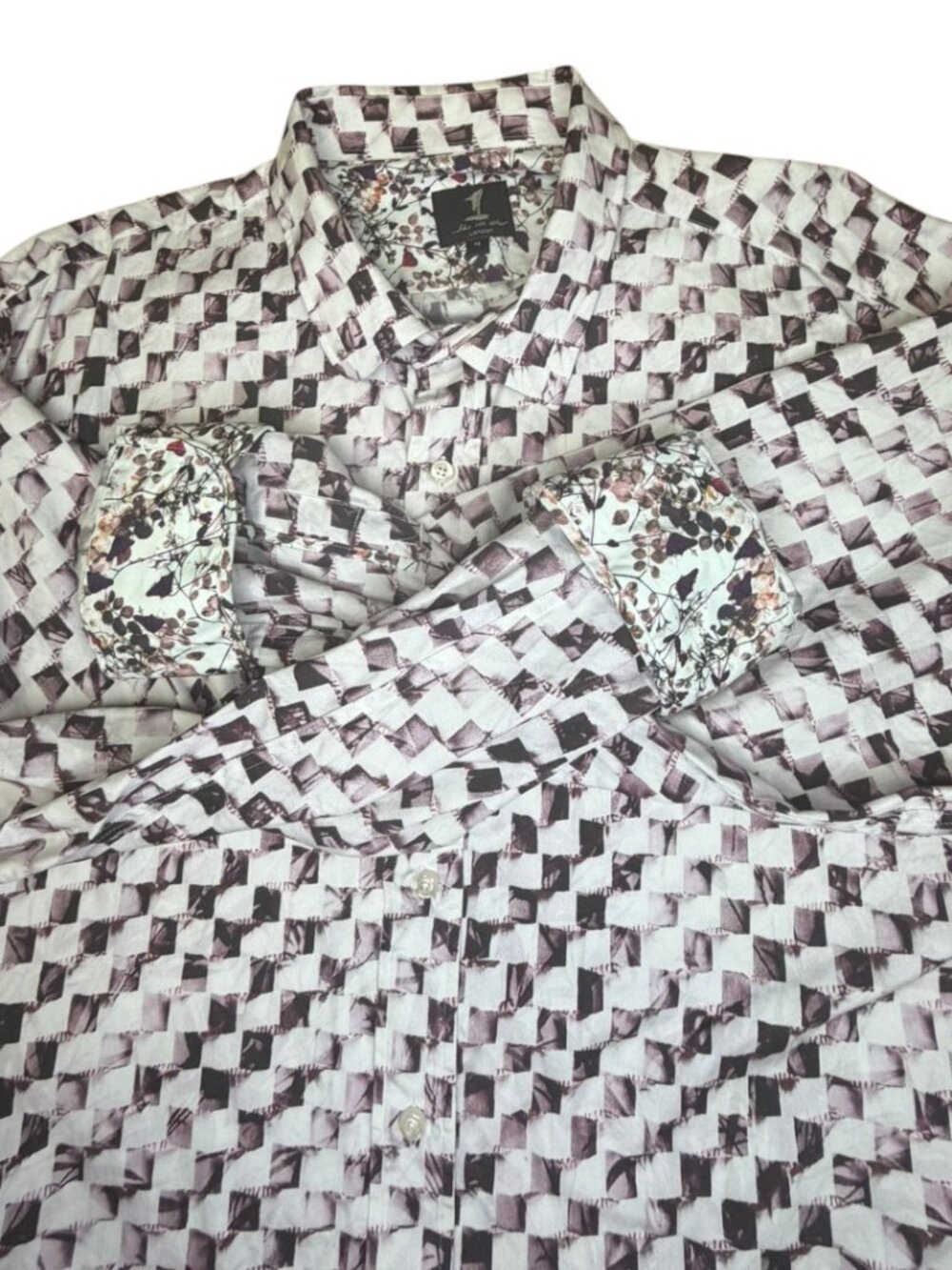 1 LIKE NO OTHER  - Men's Geometric LS Shirt With Floral Flip Cuff - Size XL